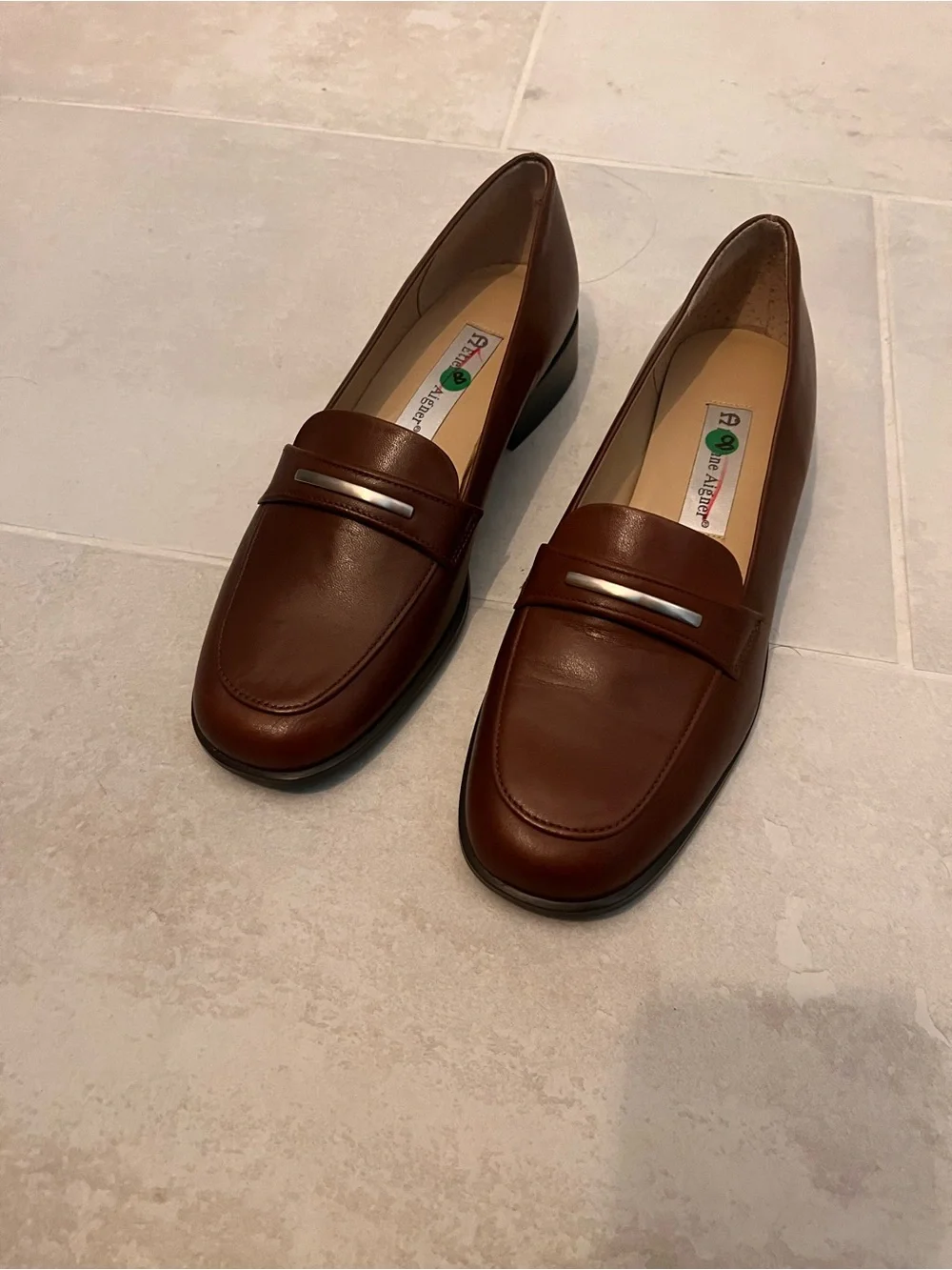 Etienne Aigner Brown Leather Penny Loafers with Silver Accent 8